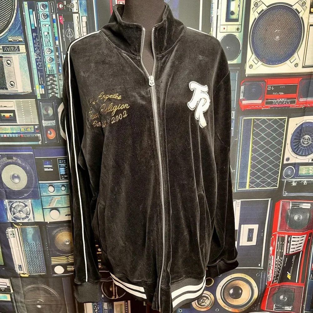 TRUE RELIGION Black Velour Track Jacket Streetwear Full-Zip Striped Men's Medium